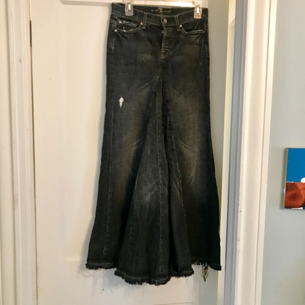 7 for all mankind distressed long dark denim skirt
